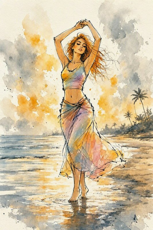 Watercolor sketch of red-haired woman with arms raised, standing barefoot on a tropical beach at ...