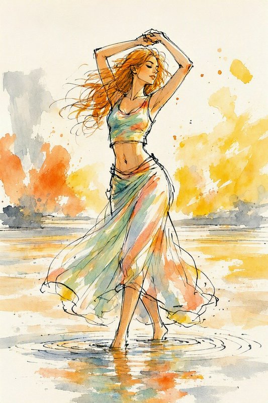 Watercolor illustration of a red-haired woman dancing barefoot in shallow beach water at golden s...