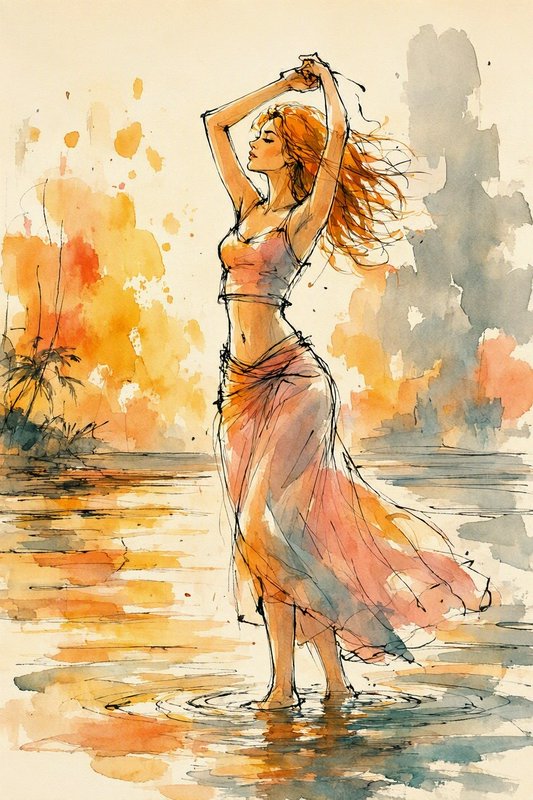 Loose watercolor sketch of red-haired woman standing barefoot in shallow beach water, arms raised...