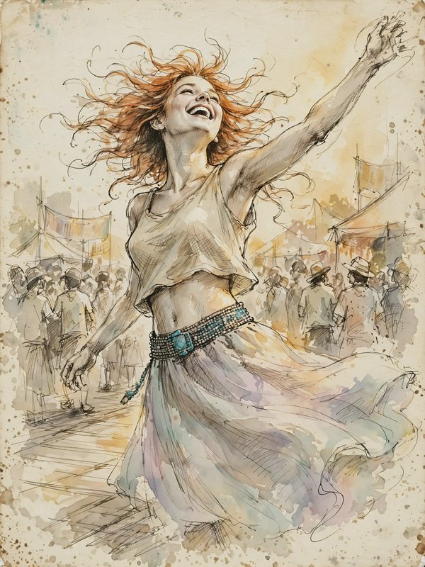 Pen and watercolor sketch of joyful red-haired woman dancing with outstretched arms at an outdoor...