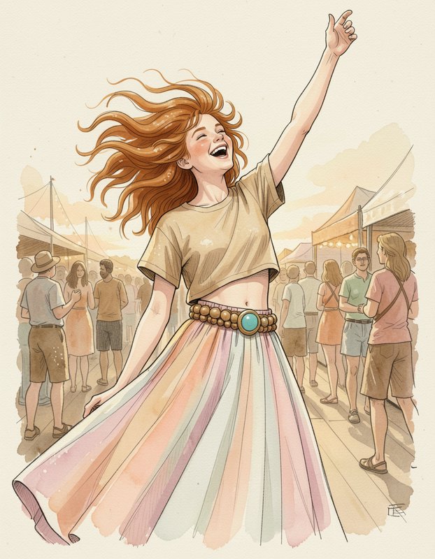 Joyful red-haired woman dances happily at an outdoor summer festival, soft watercolor illustration