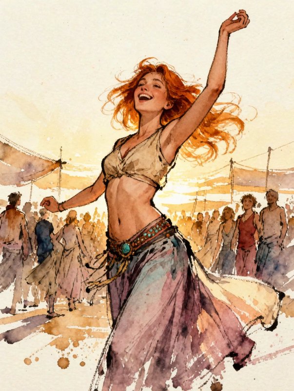 Watercolor illustration of a joyful red-haired woman dancing at a sunlit outdoor festival with a ...