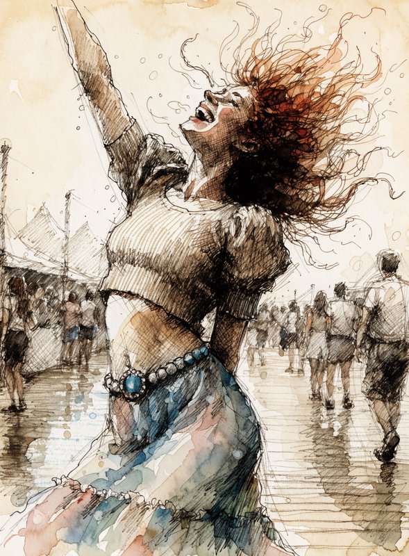 Pen and watercolor sketch of joyful red-haired woman raising her arm, laughing at a crowded outdo...