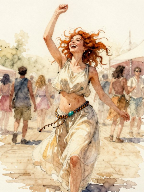 Watercolor illustration of joyful curly red-haired woman dancing freely at a sunlit outdoor summe...