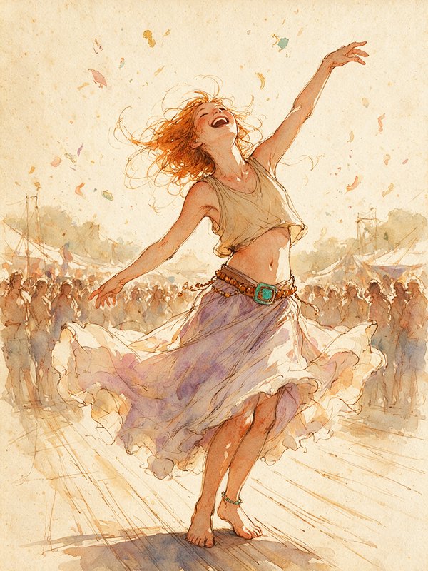 Watercolor illustration of a joyful barefoot red-haired woman dancing as confetti falls at an out...