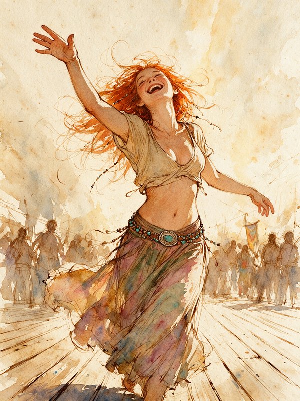 Joyful windswept red-haired woman laughing while dancing freely at an outdoor festival, warm vint...