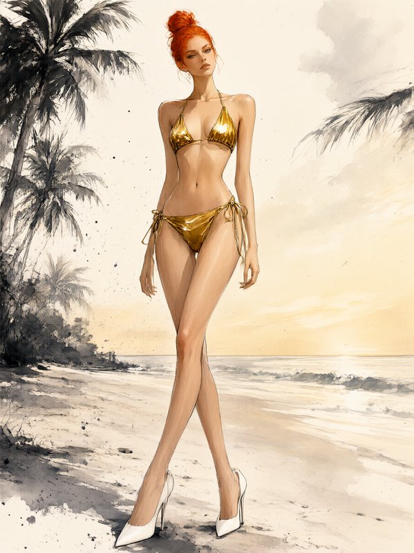 Fashion illustration of red-haired woman in a gold bikini and white heels standing on a tropical ...