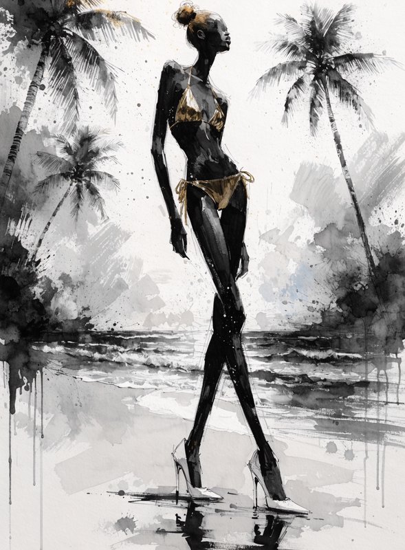 Ink fashion illustration of a tall model in a gold bikini and heels standing on a palm-lined trop...