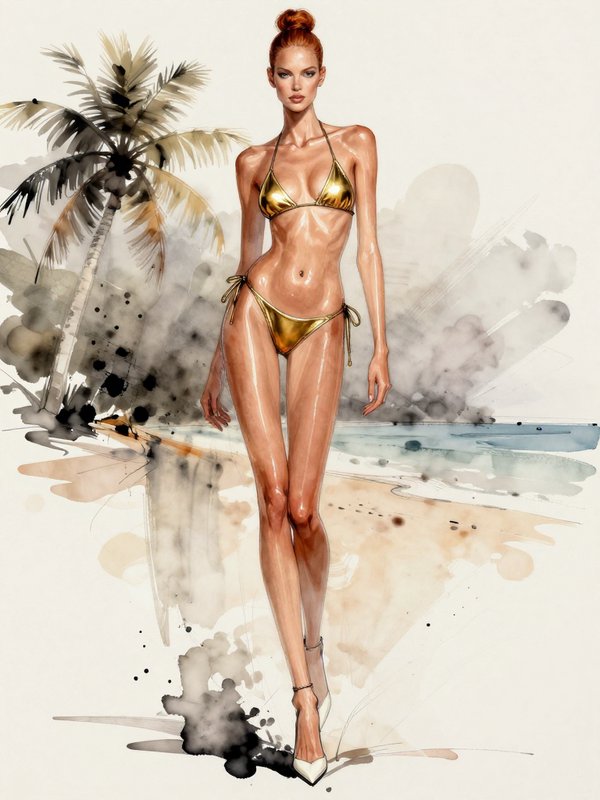 Watercolor fashion sketch of red-haired model in a metallic gold bikini, set against a tropical b...