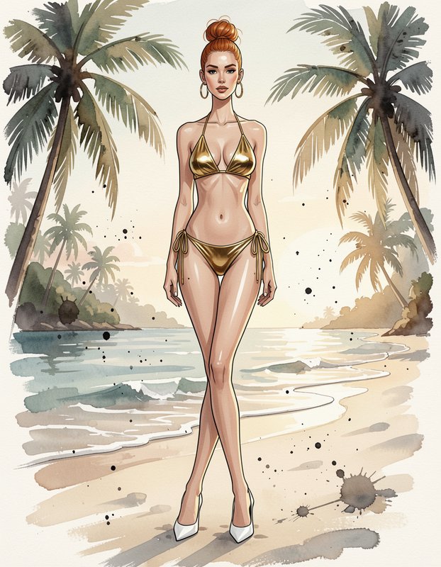 Watercolor illustration of red-haired woman in gold bikini standing on tropical palm-lined beach