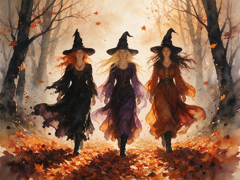 Watercolor illustration of three witches in pointed hats walking through a misty fall forest with...