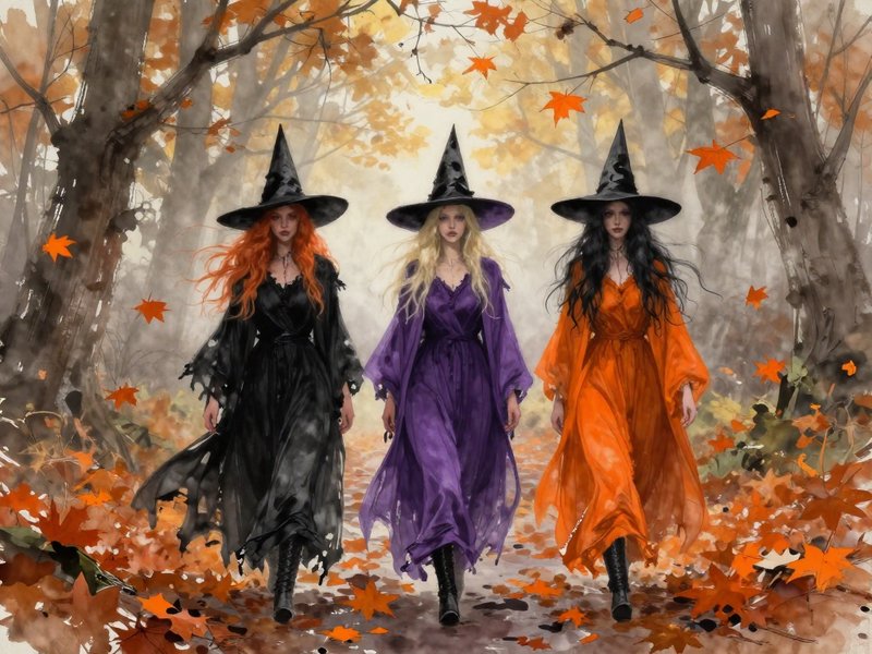 Three witches in pointed black hats walk through a misty autumn forest with falling orange maple ...