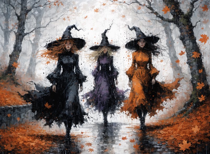 Three witches in tall pointed hats walk toward the viewer through a misty rainy autumn forest str...
