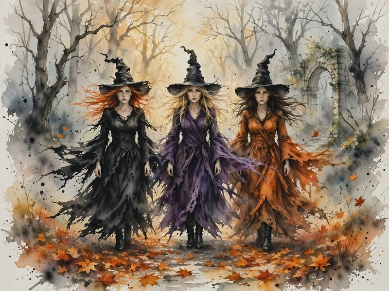Watercolor illustration of three witches in pointed hats walking through a misty autumn forest wi...
