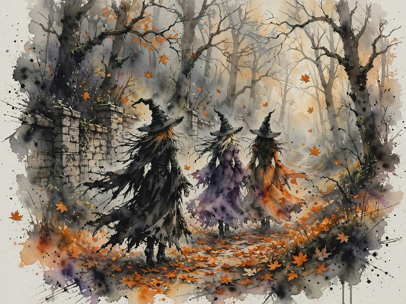 Watercolor illustration of three witches walking along a misty autumn forest path lined with fall...