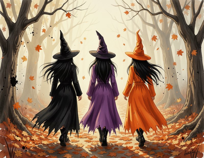 Three witches in black, purple, orange gowns walk through a misty autumn forest as maple leaves f...
