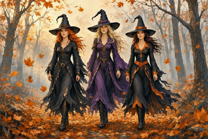 Three witches in tall pointed hats walk side by side through a misty autumn forest as orange mapl...