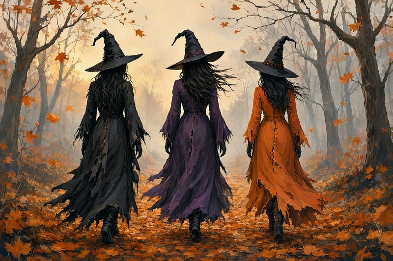 Rear view of three witches in colored tattered gowns walking through a foggy autumn forest with f...