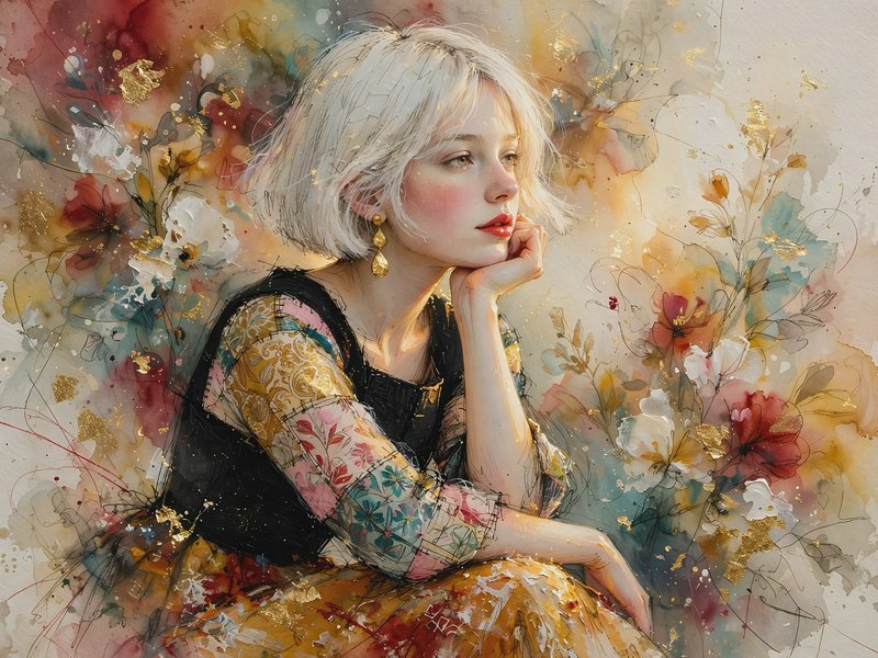 Watercolor portrait of pensive platinum blonde woman resting her chin on her hand against a gilde...