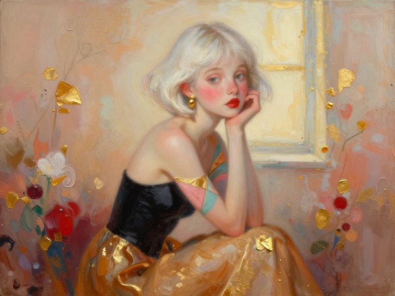 Impressionist oil portrait of a pensive platinum blonde young woman resting her chin on her hand,...
