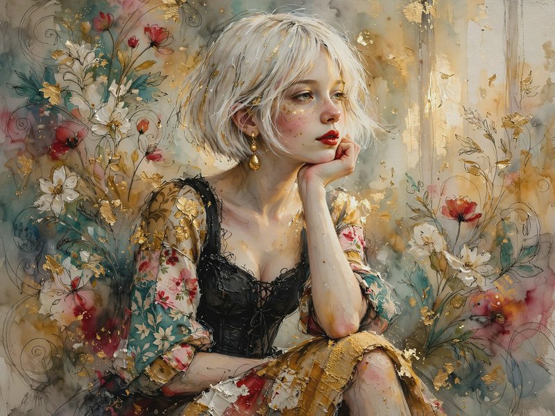 Watercolor portrait of pensive short blonde woman resting her chin on her hand, framed by gilded ...