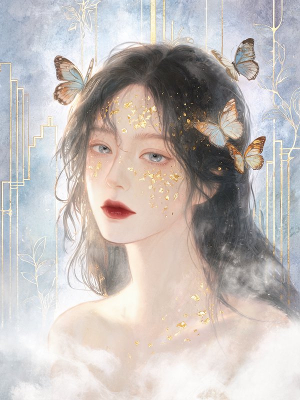Ethereal watercolor portrait of a young woman with gold leaf face accents, butterflies resting in...