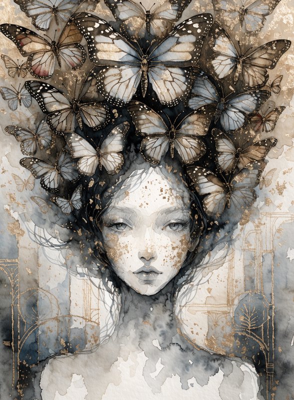 Ethereal watercolor portrait of a woman wearing a crown of gilded butterflies, with soft ink wash...