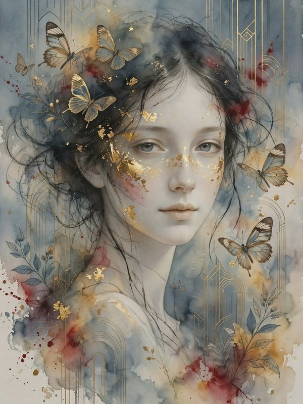 Watercolor portrait of a serene young woman, accented with gold leaf, butterflies, and delicate b...