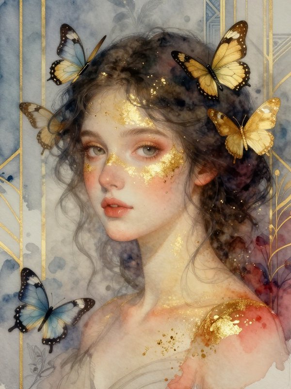 Watercolor portrait of an ethereal woman with gold leaf accents and butterflies perched in her cu...