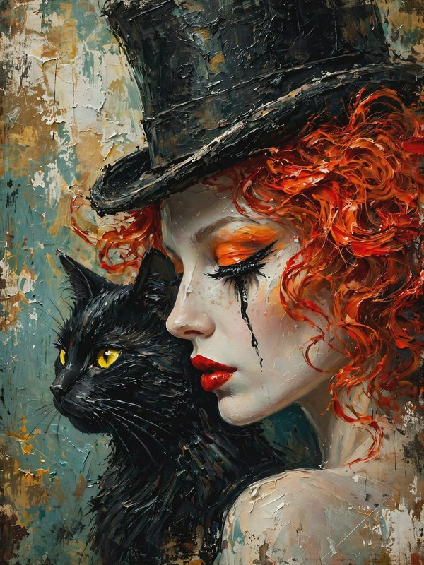 Impasto portrait of a melancholic red-haired woman in a top hat, posed with a black cat with gold...