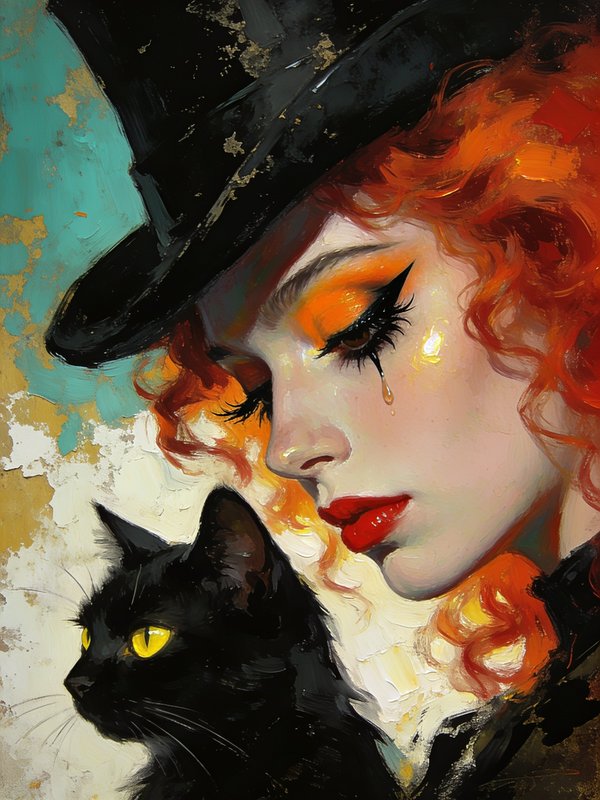 Impasto portrait of a somber red-haired woman in a top hat beside a black cat with bright yellow ...