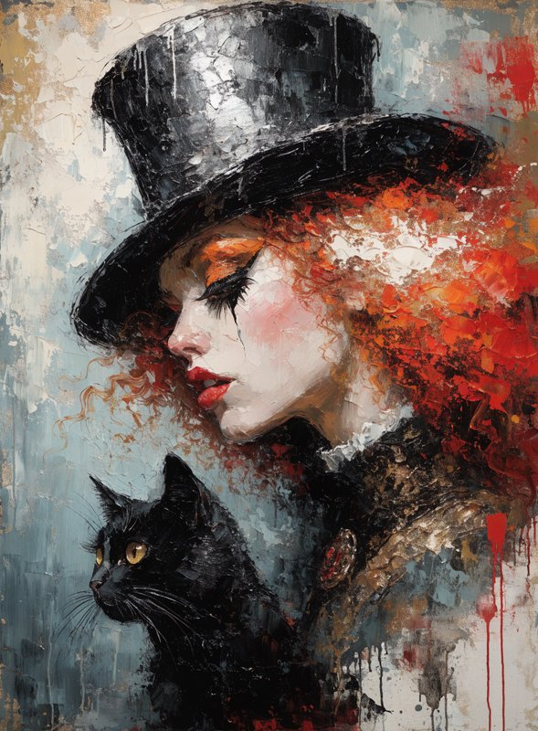 Thick impasto portrait of a red-haired woman in a black top hat, posed beside a black cat with go...