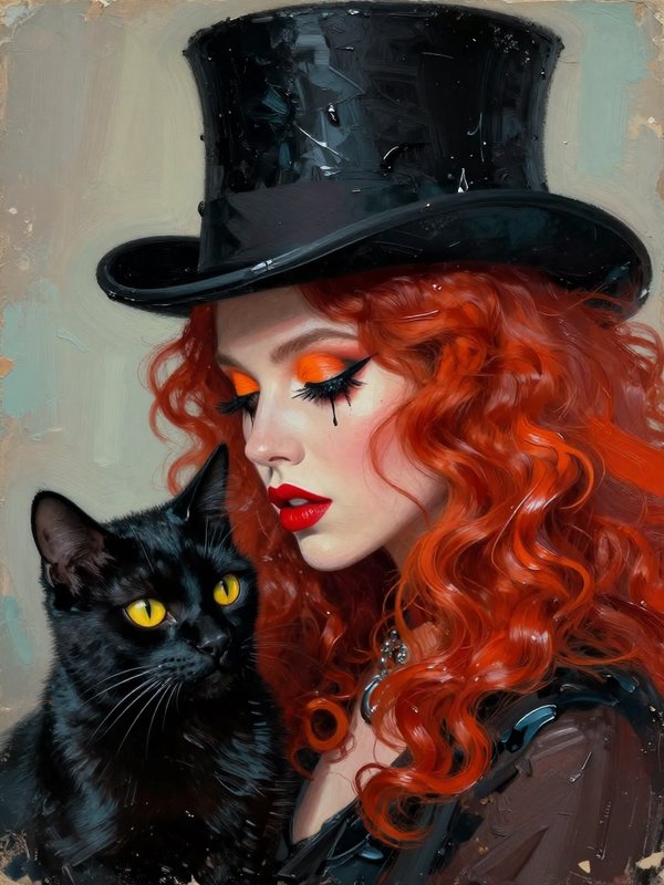 Impasto oil portrait of a curly red-haired woman in a black top hat posed with her bright yellow-...