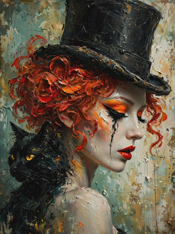 Textured impasto portrait of red-haired woman in a black top hat, with a black cat perched at her...