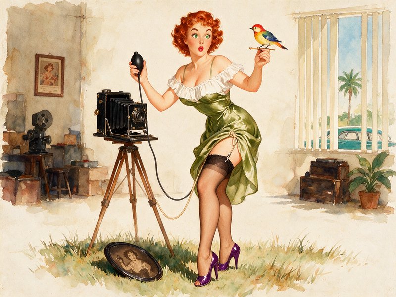 Surprised vintage pin-up redhead holding an antique camera, with a small colorful bird perched on...