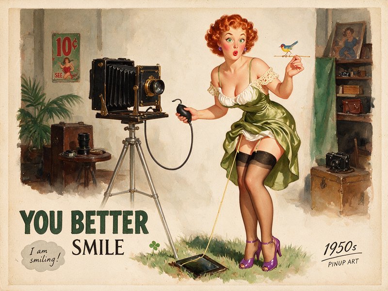 1950s retro pinup art of surprised redhead woman next to vintage bellows camera holding a small b...