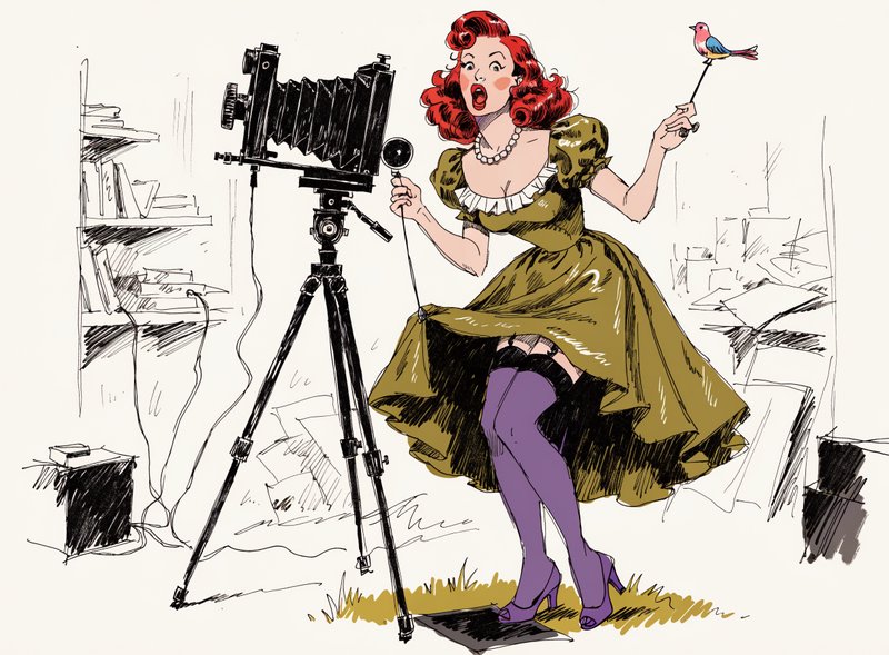 Retro pinup illustration of a surprised redhead woman standing next to a vintage large format cam...