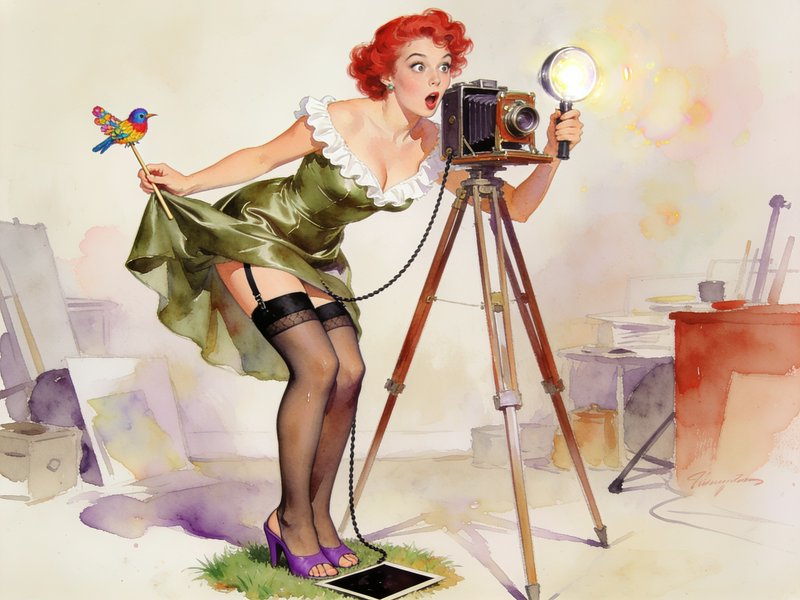 Surprised redhead vintage pin-up woman with antique tripod camera holds a colorful bird prop in a...