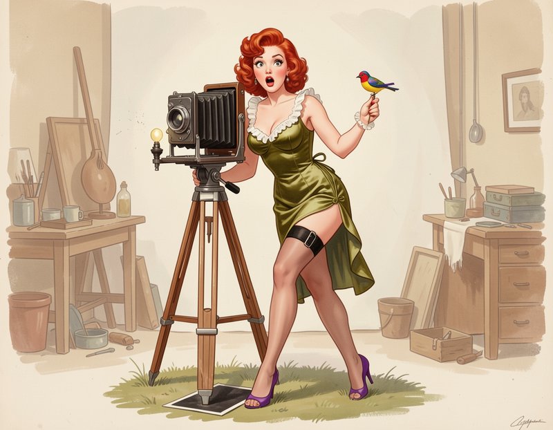 Retro pinup illustration of surprised redhead woman with antique camera holding a small colorful ...