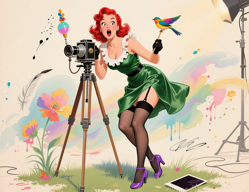 Surprised retro pin-up photographer with red curly hair leans over a vintage tripod camera, holdi...
