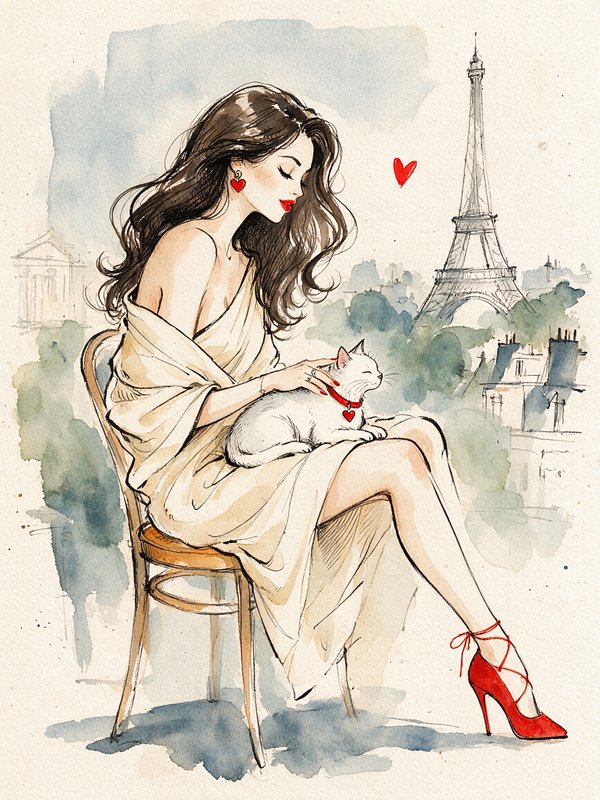 Watercolor illustration of elegant woman petting a white cat, with the Eiffel Tower Paris skyline in the background