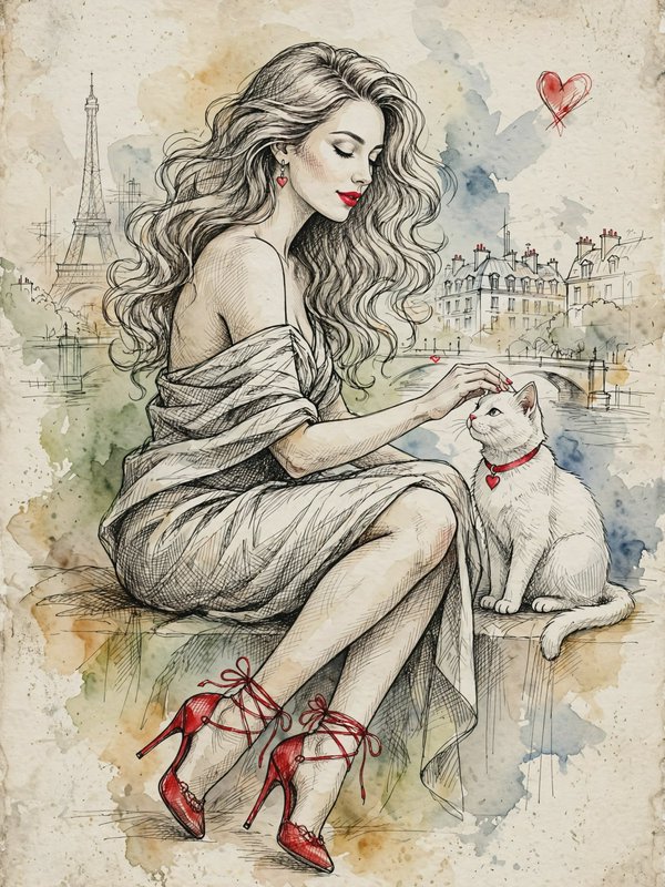 Vintage watercolor sketch of elegant woman petting a white cat, Paris Eiffel Tower backdrop with red heart accents.