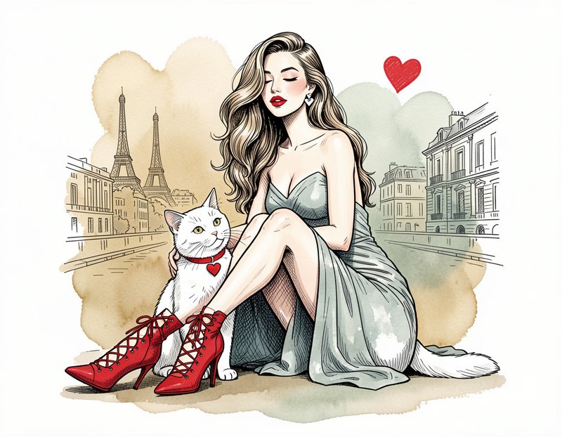 Watercolor sketch of elegant woman sitting with a white cat, Paris Eiffel Tower cityscape backdrop, romantic illustrated art