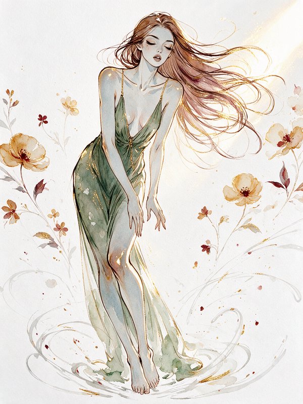 Watercolor illustration of graceful barefoot woman in green gown, windswept hair, framed by delicate wild poppies with
