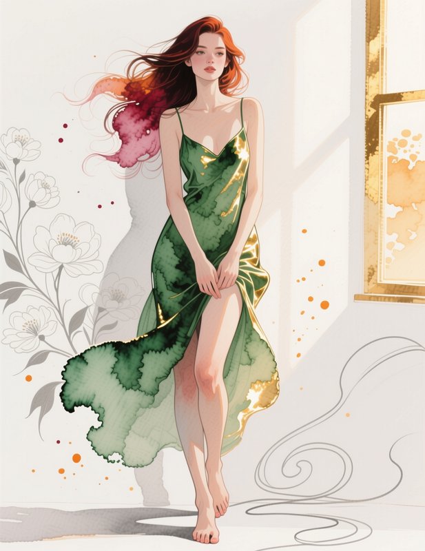 Stylized watercolor illustration of a barefoot red-haired woman in a flowing emerald green slip dress in a sunlit