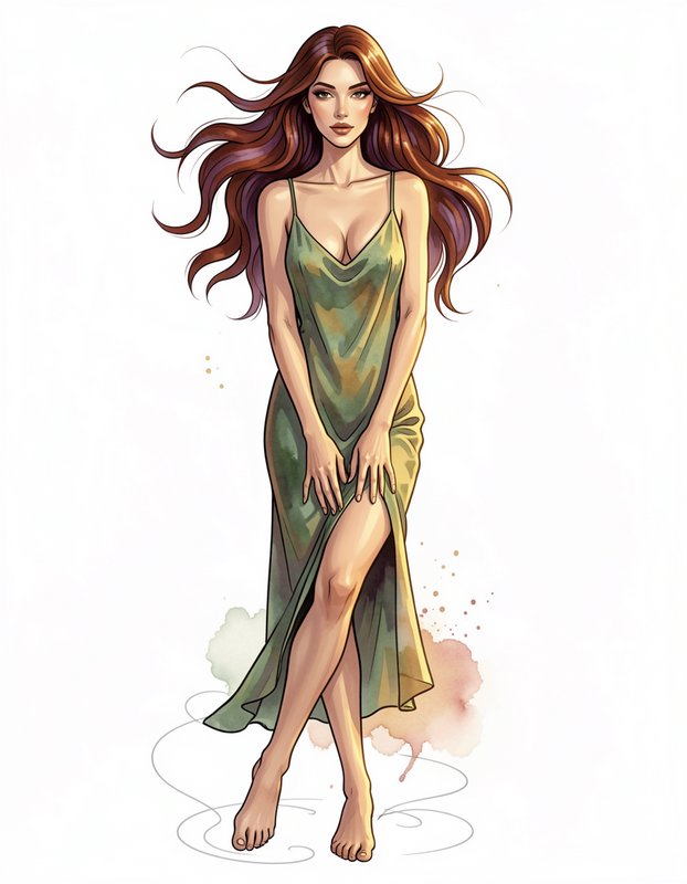 Comic style illustration of a barefoot woman with windswept auburn hair wearing a soft green slip maxi dress