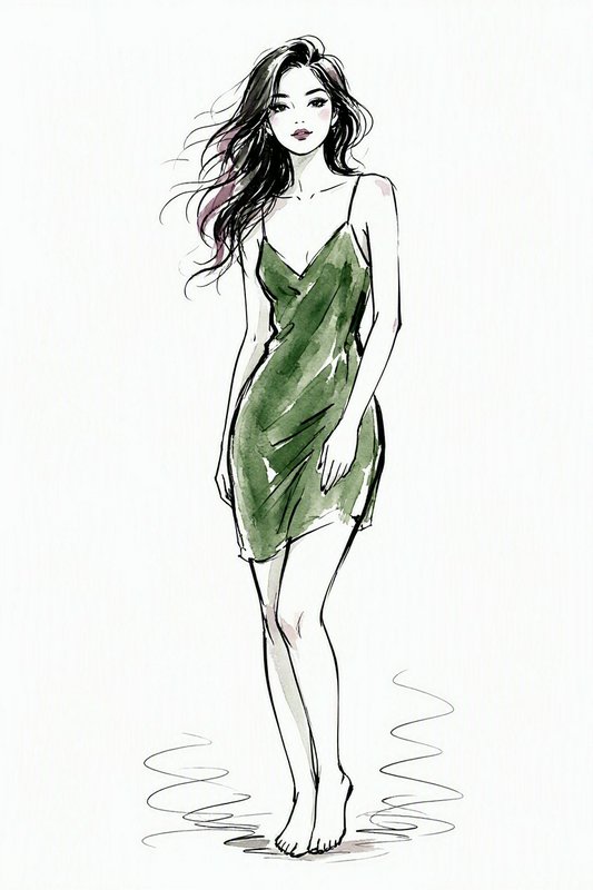 Fashion sketch of a barefoot woman in a short green slip dress with windblown long hair, on a plain white background