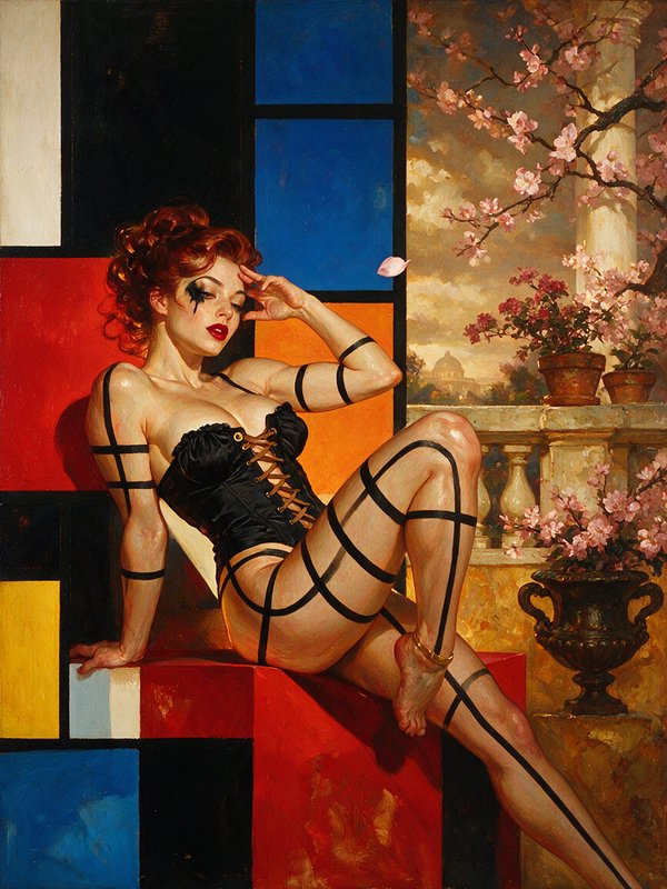 Surreal figurative oil painting of red-haired woman in a black corset, blending Mondrian geometric and classical