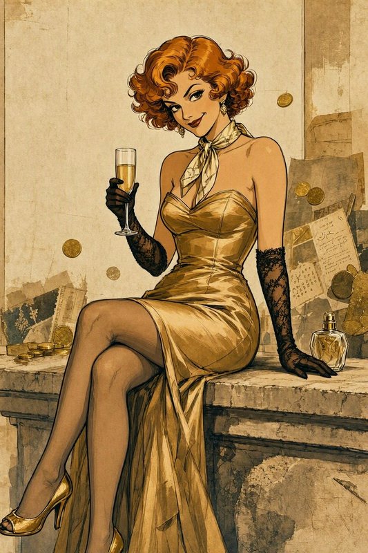 Vintage illustrated red-haired woman in a gold evening gown holds a champagne flute, seated on a stone mantel with