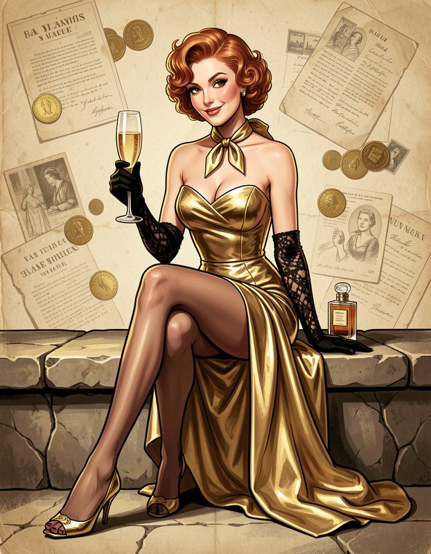 Glamorous retro redhead woman in a shimmering gold evening gown holds champagne, seated against a backdrop of vintage